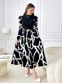 SHEIN Teen Girls Black & White Stand Collar Geometric Pattern Knit High Elastic Gigot Sleeve Elegant Midi Dress For Casual Wear & Party - Black - View 4