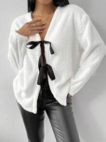 Chiquease Women Contrast Color Warm Fleece Hooded Jacket With Front Tie - White - View 7