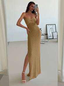 Aloruh 女士钩针优雅无袖露背镂空收腰修身度假和约会晚礼服 - 卡其色 - 查看 5