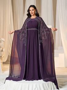 Faeriesty 加大码雪纺正式礼服，饰有水钻细节，披肩设计，适合晚宴、婚礼宾客、毕业典礼、晚宴派对、夏季度假等场合。 - 紫色 - 查看 2