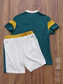 Manfinity RebelGame Men Letter Graphic Colorblock Polo Shirt & Shorts For Summer,Back To School - Multicolor - View 2