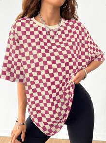 SHEIN EZwear قميص تي شيرت كاجوال بأكمام قصيرة وياقة دائرية فضفاض بنمط مربعات، مناسب للصيف وقليل الشفافية بمقاسات كبيرة