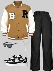 SHEIN 2pcs/Set Tween Girl Casual Sports Jacket And Pants Set - Camel - View 1