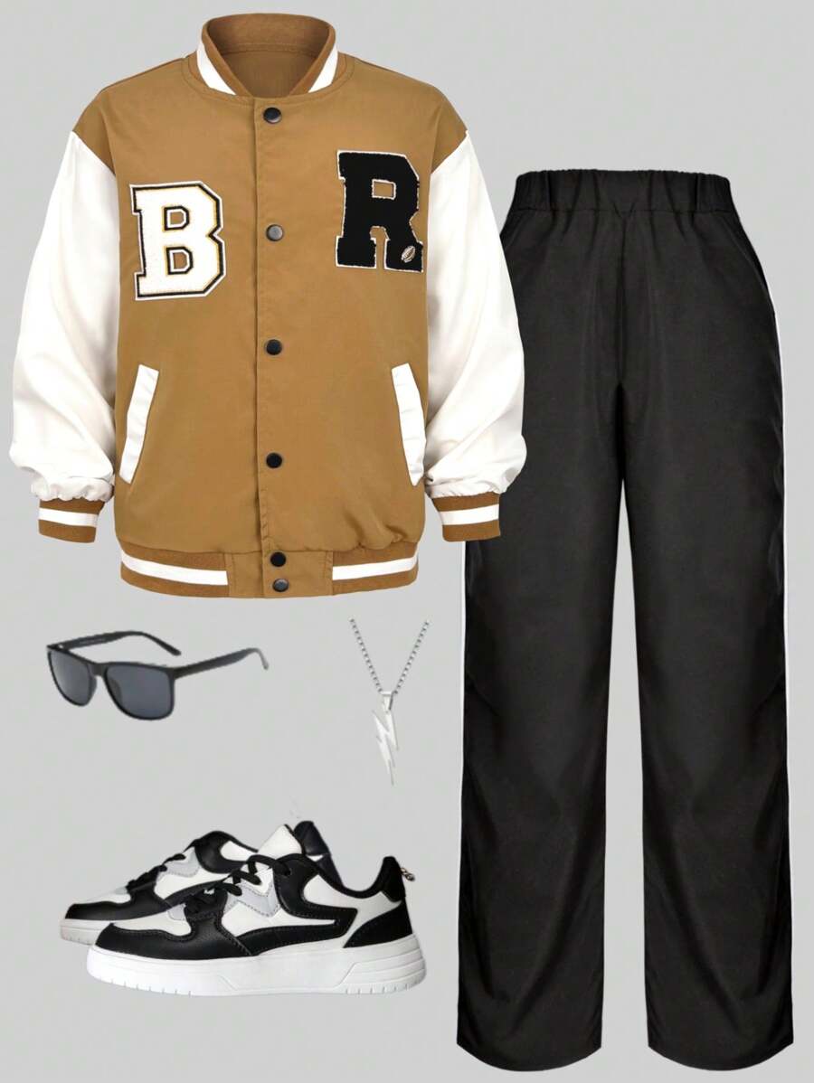 SHEIN 2pcs/Set Tween Girl Casual Sports Jacket And Pants Set - Camel - View 1