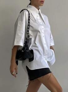 Women's Fashion Spring Summer Autumn Solid Button Up Shirt - White - View 6