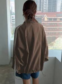 DAZY 女士新款休闲撞色条纹常规夹克，秋季 - 咖啡棕 - 查看 2