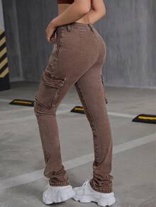 SHEIN Quần jean dài denim màu nâu bạc màu, có túi nắp, phong cách Y2K dành cho nữ tuổi teen, thích hợp cho mùa thu đi học. - Cà phê nâu - Xem 2