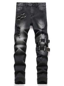 Manfinity Hypemode Quần Jeans Ống Thẳng Túi Cũ Màu Trơn Cho Nam - màu đen - Xem 1