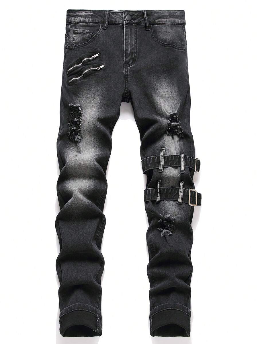 Manfinity Hypemode Quần Jeans Ống Thẳng Túi Cũ Màu Trơn Cho Nam - màu đen - Xem 1