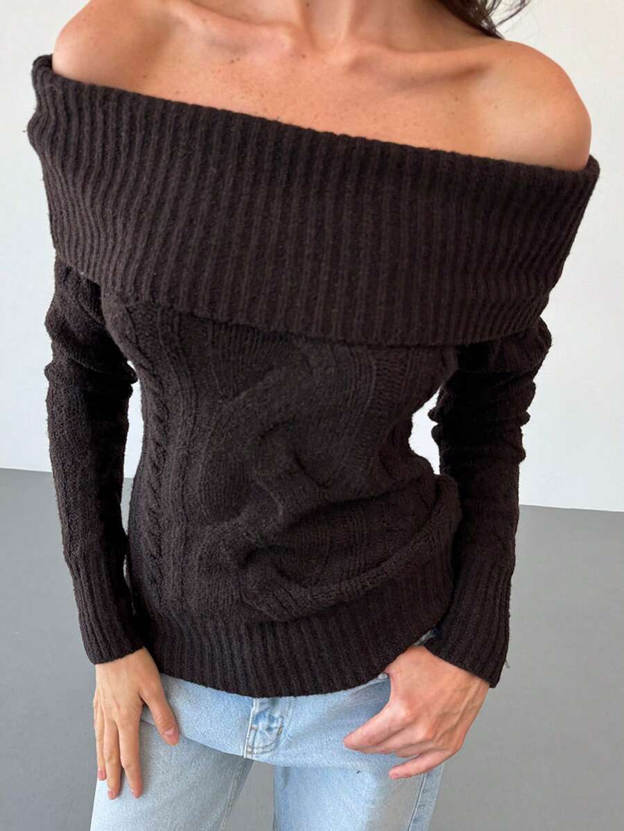 Aloruh 全新美式复古风格高领扭纹针织露肩修身保暖毛衣 - 杏色 - 查看 1