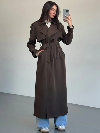Aloruh Nuevo abrigo trench de doble botonadura con decoración, cuello estilo inglés, color café, resistente al viento y cálido, con cinturón de amarre, para otoño/invierno
