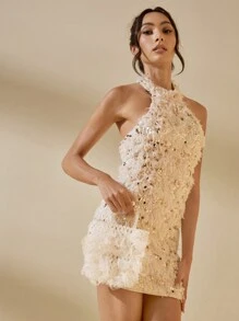 SHEIN BAE 女士创意时尚个性化街头风格串珠心形花卉手提包 - 米色 - 查看 5
