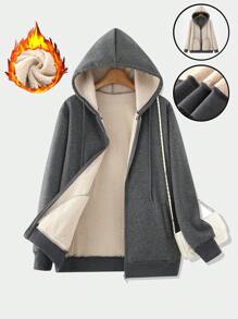 Chiquease Áo nỉ trùm đầu màu xám lông xù dành cho nữ - Màu xám đen - Xem 1