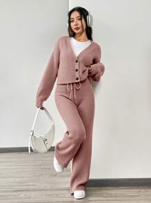 SHEIN EZwear 秋冬女士休闲纯色长袖针织开衫2件套毛衣套装 - 粉色 - 查看 5