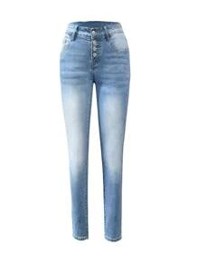 Women's Casual Slim Fit Low Waist Pocket Button Denim Capri Pants, Suitable For Commuting And Daily Wear, Autumn