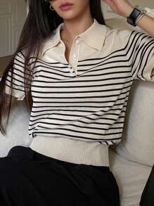 DAZY Suéter de punto de manga corta casual con rayas de contraste para mujer, otoño - Albaricoque - Ver 1