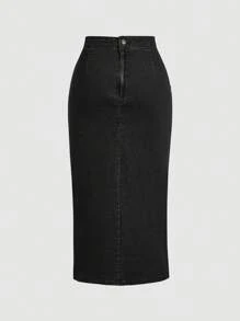 SHEIN MOD 女士纯色休闲抽绳牛仔半身裙 - 黑色 - 查看 2