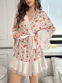 Áo choàng tắm họa tiết hoa nhỏ nhắn có viền xếp nếp màu tương phản dành cho nữ - Màu be - Xem 3