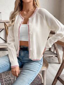 SHEIN LUNE Retro Chic Color Block Trim Loose Knit Cardigan, European & American Style - White - View 3