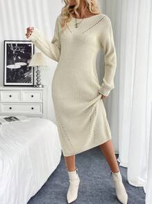 Chiquease Vestido de suéter casual de cuello redondo de manga larga de un solo color para mujer