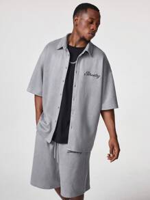 Manfinity VCAY Men's Suede Embroidered English Text Pattern Loose Short Sleeve Shirt Set - Grey - View 5