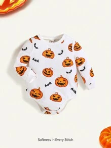 Cozy Pixies 新生男婴卡通南瓜图案万圣节连体衣，长袖 - 白色 - 查看 1