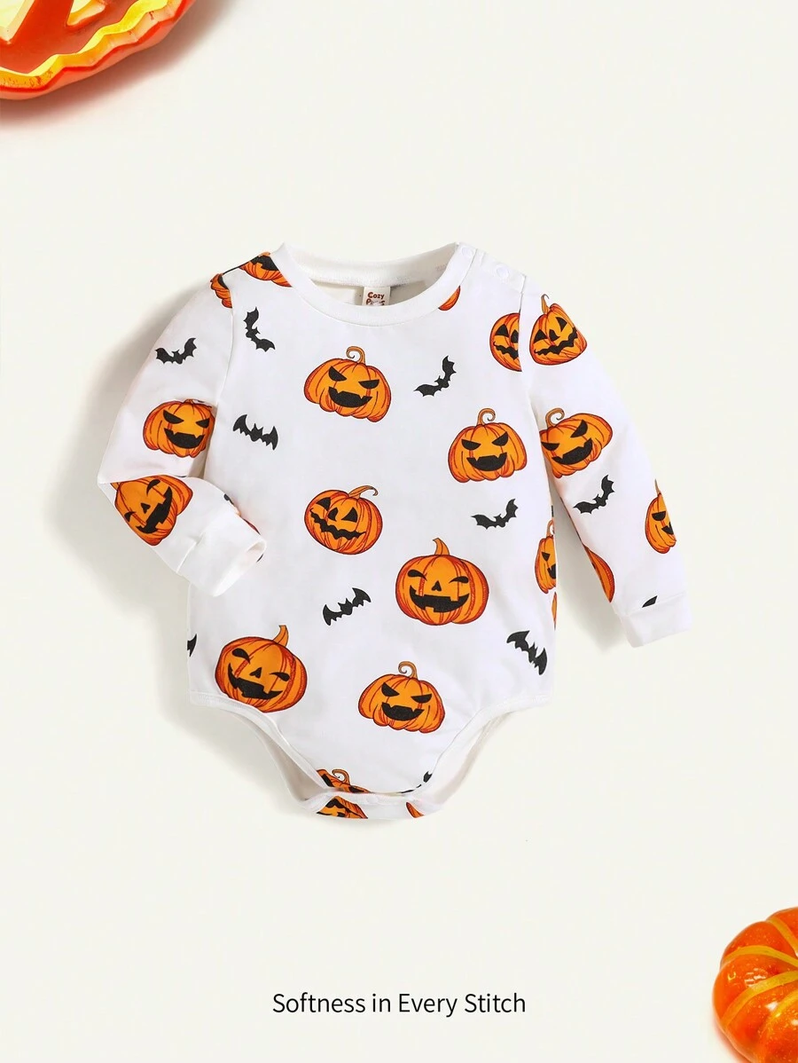 Cozy Pixies 新生男婴卡通南瓜图案万圣节连体衣，长袖 - 白色 - 查看 1