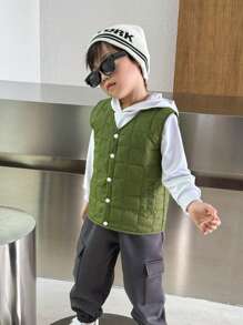 SHEIN 1pc Young Boy Casual Plaid Padded Vest, Suitable For Daily, School, Outdoor Play In Autumn & Winter - Army Green - View 6