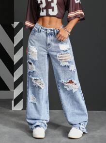 SHEIN PETITE Women's Ripped Wide Leg Loose Casual Versatile Denim Jeans Y2K Pocket Hole Fashion Wash