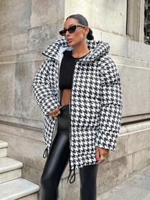 EURMUSE Pied De Poule Printed, Keep Warm Feature, Draw String Hem Detailed Puffer Winter Coat - Black and White - View 5