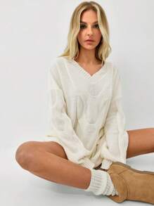 SHEIN Unity Women's Solid Color Long Sleeve Sweater Dress - White - View 1