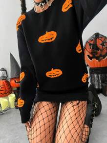 SHEIN Unity Pulover pentru femei, cu guler rotund și mânecă lungă, model de dovleac, toamnă-iarnă - Negru - Vizualizare 5