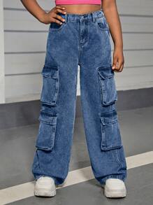 SHEIN Pantalones de carga de pierna recta de cintura alta con lavado de piedra y bolsillos con solapa utilitaria para niñas preadolescentes, conjunto de pantalones de otoño para niñas