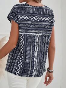 EMERY ROSE Blusa de mujer de cuello redondo con estampado total de manga corta, para verano - Azul Marino - Ver 2