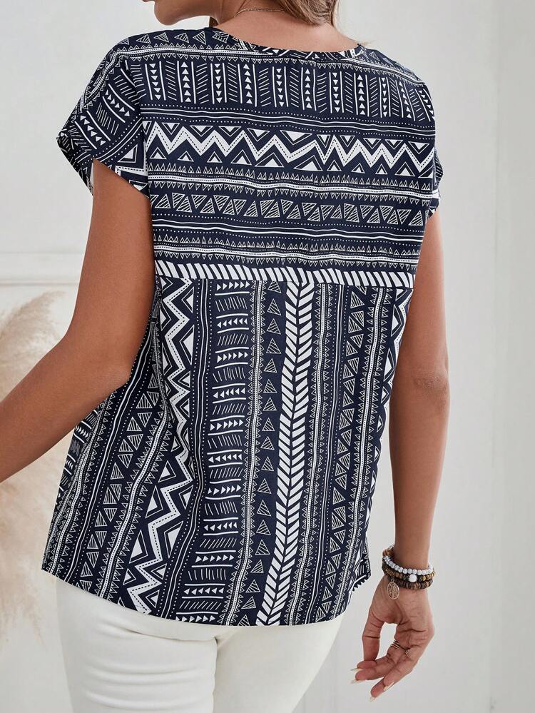 Women's Round Neck All-Over Print Short Sleeve Blouse, Summer