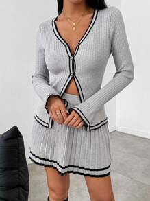 SHEIN LUNE 2pcs Women's V-Neck Contrast Trim Blouse And Striped Pleated Skirt Sweater Set Fall Winter Cloth For Women - Multicolor - View 4