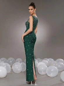 Modphy Neues elegantes ärmeloses olivgrünes Abendkleid mit quadratischem Ausschnitt, Strass-Verzierung und schmaler Passform für Hochzeit und festliche Anlässe