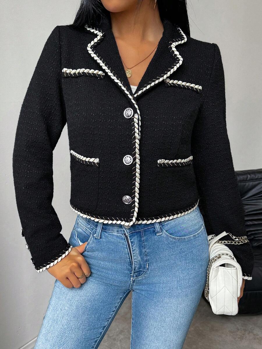 SHEIN Privé Women's Contrast Color Tweed Jacket SHEIN EUR