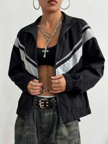 SHEIN Unity Women's Reflective Stripe Patchwork Long Sleeve Jacket - Black - View 5