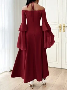 Modelyn Burgundy Red Women's Solid Color Halter Backless Ruffle Trim Casual Dress Long Evening Dresses - Burgundy - View 2