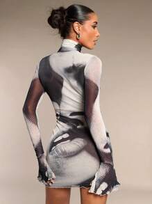 SHEIN BAE 女士印花高领长袖连衣裙 - 棕色 - 查看 2