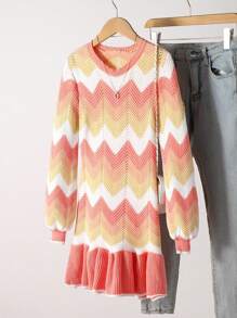 Tween Girl Wavy Lines Color Block Knit Sweater Midi Dress,Pink And White,Autumn,Boho,Family Matching Ruffle Trim Elastic Texture Casual School Fashion - Coral Orange - View 4