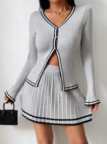 SHEIN LUNE 2pcs Women's V-Neck Contrast Trim Blouse And Striped Pleated Skirt Sweater Set Fall Winter Cloth For Women - Multicolor - View 7