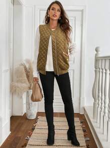 SHEIN LUNE 女式无袖加垫背心夹克，带拉链和口袋，适合秋冬季