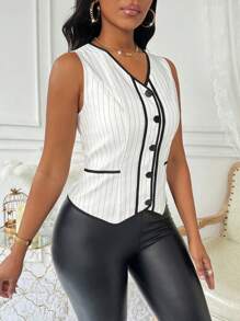 SHEIN Clasi Contrast Trim Front Button Sleeveless Minimalist Suit Vest - White - View 4