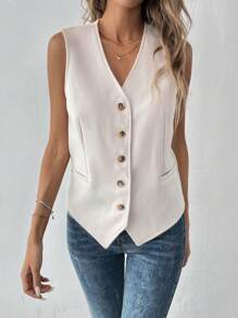 SHEIN Clasi Women's Drawstring Front Button Sleeveless Casual Tank Top - Apricot - View 3