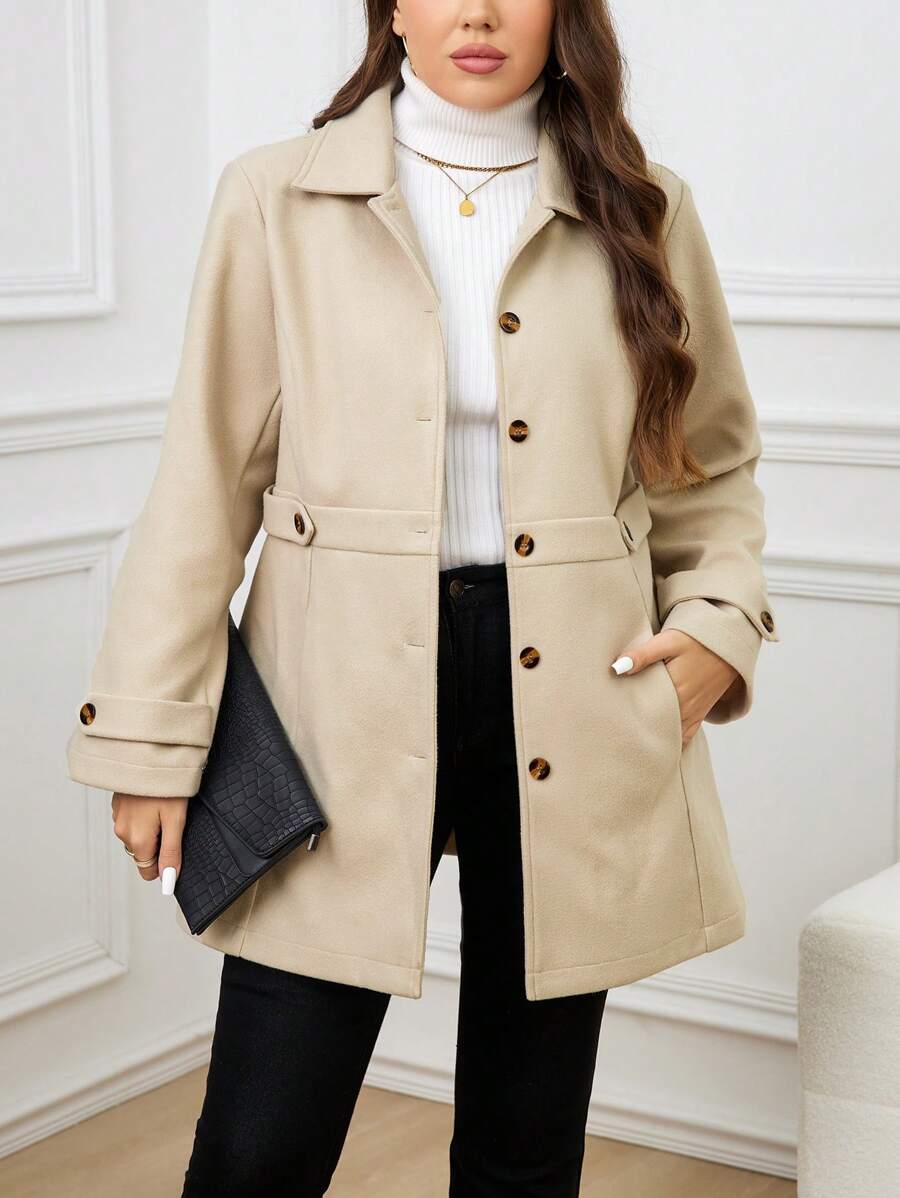 SHEIN LUNE Plus Size Women's Solid Color Simple Long Sleeve Knitted Overcoat, For Winter Fall Cloth For Women Autumn - Apricot - View 1