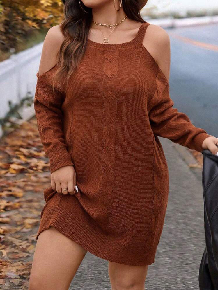 SHEIN LUNE Plus Size Casual Boat Neck Cable Knit Twist Sweater Dress