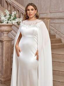 SHEIN Belle 2 件大码白色缎面拼布亮片针织优雅新娘婚纱套装，长袖新娘礼服 - 白色 - 查看 7
