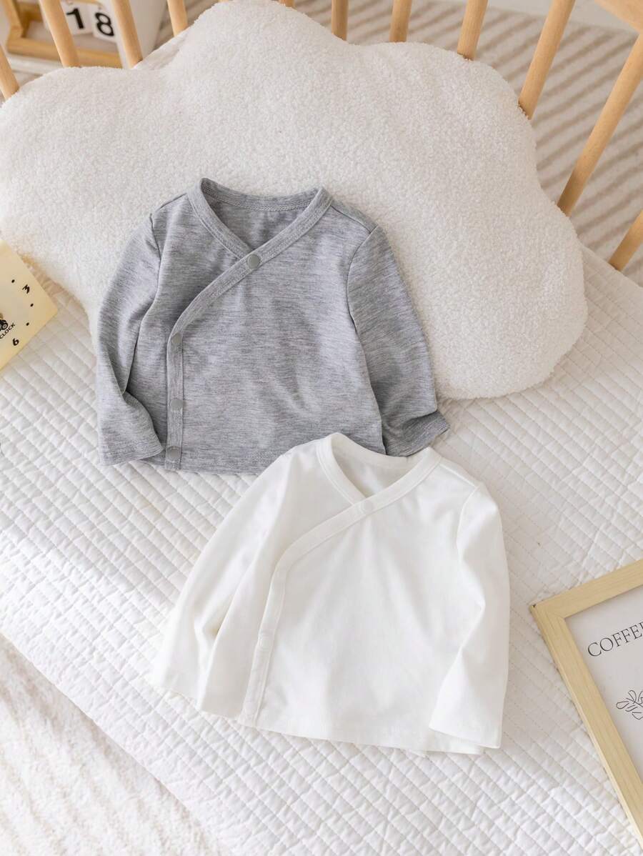 SHEIN Bộ 2 áo thun dài tay màu trơn đơn giản cho bé trai/bé gái sơ sinh màu xám và trắng, mùa thu/đông - Nhiều màu - Xem 1